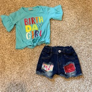 Birthday Girl Aqua Tee & Denim Sequin Shorts Set size 12-18 months